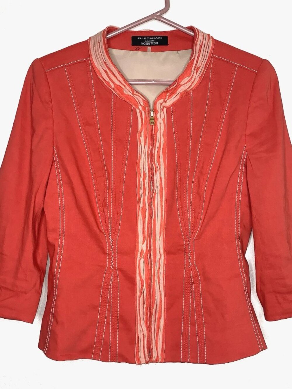 ELIE TAHARI Pink LINEN BLAZER XS Zip Jacket Sashiko Boho Cottagecore Lagenlook